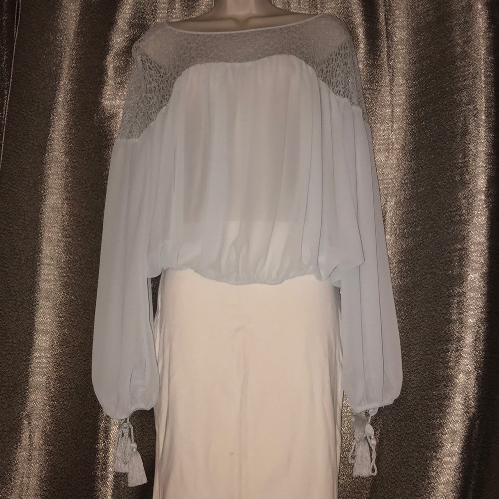 Gianni Bini Light Blue sheer Top w/ Crochet Neck